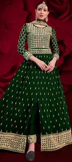 Festive, Party Wear, Wedding Green color Salwar Kameez in Georgette fabric with Slits Embroidered, Mirror, Resham, Stone work : 1703696
