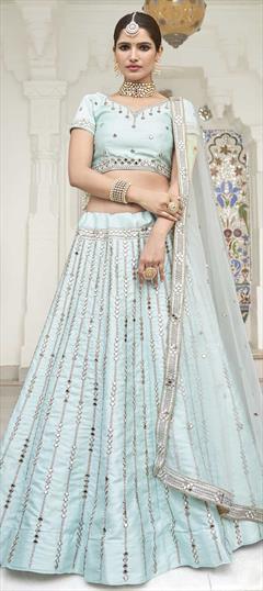 Party Wear, Reception Blue color Lehenga in Silk fabric with A Line Embroidered, Mirror, Zari, Zircon work : 1703698