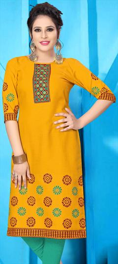 Casual Orange color Kurti in Cotton fabric with Long Sleeve, Straight Embroidered work : 1703728
