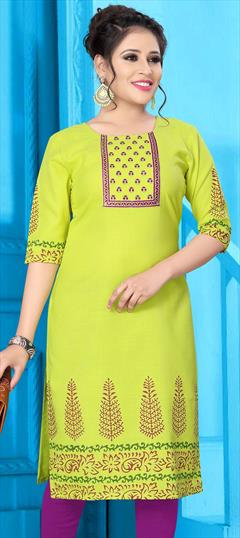 Casual Green color Kurti in Cotton fabric with Long Sleeve, Straight Embroidered work : 1703732