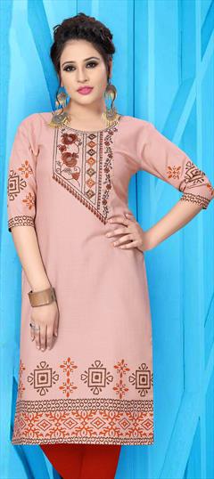 Casual Beige and Brown color Kurti in Cotton fabric with Long Sleeve, Straight Embroidered work : 1703737
