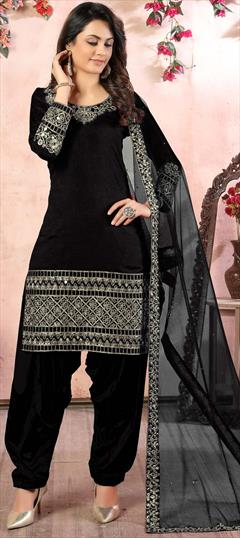 Festive, Party Wear Black and Grey color Salwar Kameez in Art Silk fabric with Patiala Mirror work : 1703752