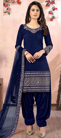 Festive, Party Wear Blue color Salwar Kameez in Art Silk fabric with Patiala Mirror work : 1703758