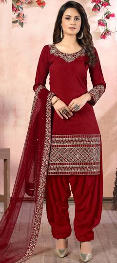 Festive, Party Wear Red and Maroon color Salwar Kameez in Art Silk fabric with Patiala Mirror work : 1703761