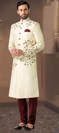 White and Off White color Sherwani in Silk fabric with Embroidered, Thread work : 1703804