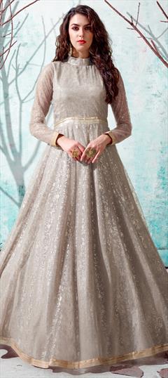 Party Wear Beige and Brown color Gown in Net fabric with Printed work : 1703883
