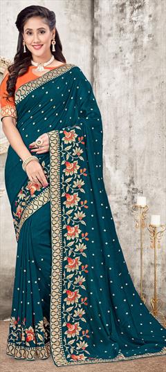 Traditional Blue color Saree in Art Silk, Silk fabric with South Embroidered, Stone, Swarovski, Thread, Zari work : 1704311