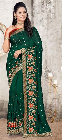 Traditional Green color Saree in Art Silk, Silk fabric with South Embroidered, Stone, Swarovski, Thread, Zari work : 1704312