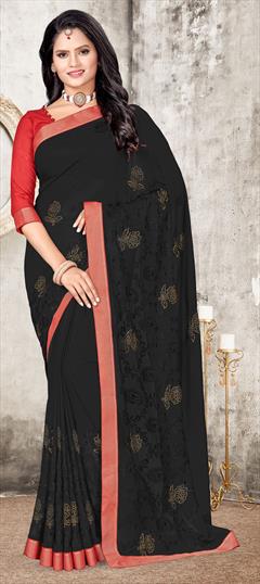 Festive, Party Wear Black and Grey color Saree in Georgette fabric with Classic Embroidered, Resham, Stone, Thread work : 1704315