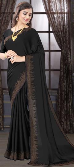 Traditional Black and Grey color Saree in Satin Silk, Silk fabric with South Stone, Swarovski work : 1704328