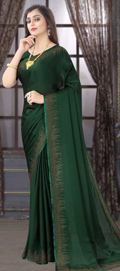 Traditional Green color Saree in Satin Silk, Silk fabric with South Stone, Swarovski work : 1704336