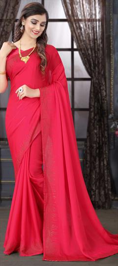 Traditional Red and Maroon color Saree in Satin Silk, Silk fabric with South Stone, Swarovski work : 1704337