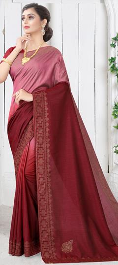 Traditional Pink and Majenta, Red and Maroon color Saree in Art Silk, Silk fabric with South Stone, Swarovski work : 1704584