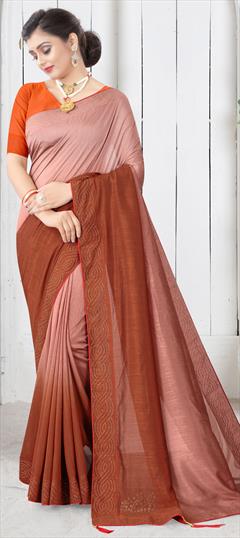 Traditional Beige and Brown, Pink and Majenta color Saree in Art Silk, Silk fabric with South Stone, Swarovski work : 1704589
