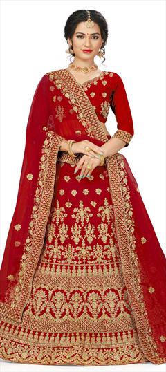 Festive, Party Wear Red and Maroon color Lehenga in Velvet fabric with A Line Embroidered, Stone, Thread, Zari work : 1704592