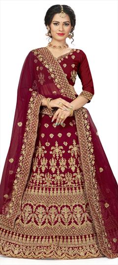 Festive, Party Wear Red and Maroon color Lehenga in Velvet fabric with A Line Embroidered, Stone, Thread, Zari work : 1704594