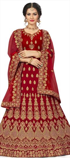 Festive, Party Wear Red and Maroon color Lehenga in Velvet fabric with A Line Embroidered, Stone, Thread, Zari work : 1704610