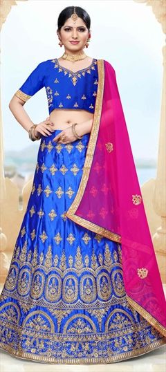 Festive, Party Wear Blue color Lehenga in Blended fabric with A Line Embroidered, Stone, Thread, Zari work : 1704693