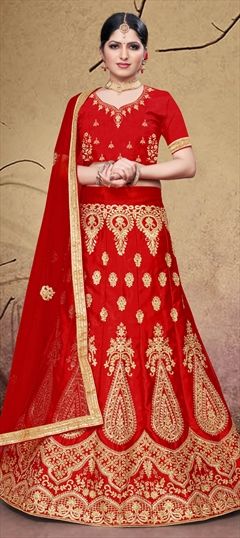 Festive, Party Wear Red and Maroon color Lehenga in Blended fabric with A Line Embroidered, Stone, Thread, Zari work : 1704694