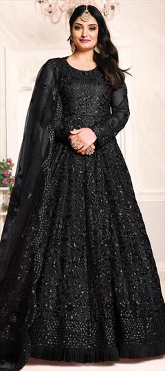 Festive, Party Wear Black and Grey color Salwar Kameez in Net fabric with Anarkali Sequence, Thread work : 1704716