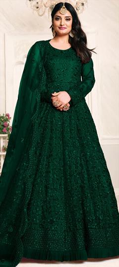 Festive, Party Wear Green color Salwar Kameez in Net fabric with Anarkali Sequence, Thread work : 1704718