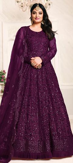 Festive, Party Wear Purple and Violet color Salwar Kameez in Net fabric with Anarkali Sequence, Thread work : 1704719