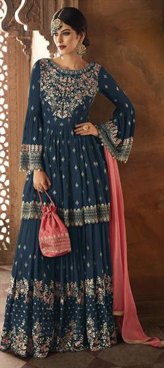 Festive, Party Wear Blue color Salwar Kameez in Faux Georgette fabric with Sharara Embroidered, Resham, Thread, Zari work : 1705060