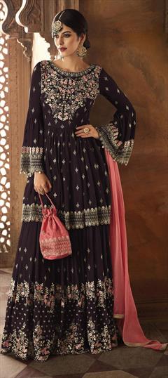 Festive, Party Wear Purple and Violet color Salwar Kameez in Faux Georgette fabric with Sharara Embroidered, Resham, Thread, Zari work : 1705067