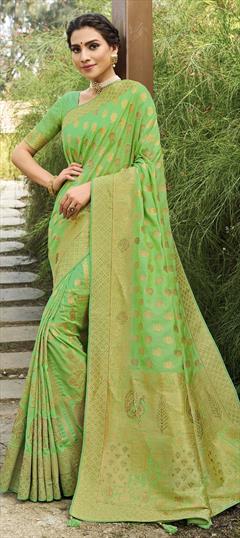 Traditional Green color Saree in Banarasi Silk, Silk fabric with South Stone, Weaving work : 1705191