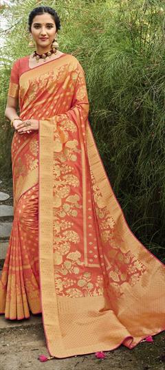 Traditional Orange color Saree in Banarasi Silk, Silk fabric with South Stone, Weaving work : 1705193