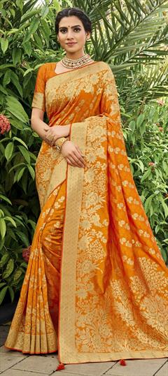 Traditional Orange color Saree in Banarasi Silk, Silk fabric with South Stone, Weaving work : 1705199