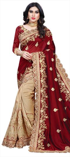 Traditional Beige and Brown, Red and Maroon color Saree in Art Silk, Silk fabric with South Embroidered, Lace, Stone, Thread, Zari work : 1705260
