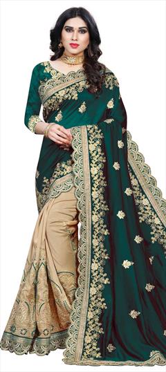 Traditional Beige and Brown, Green color Saree in Art Silk, Silk fabric with South Embroidered, Lace, Stone, Thread, Zari work : 1705261