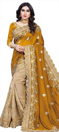 Traditional Beige and Brown, Gold color Saree in Art Silk, Silk fabric with South Embroidered, Lace, Stone, Thread, Zari work : 1705263