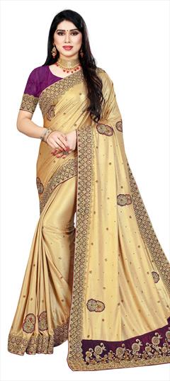 Festive, Reception Gold color Saree in Lycra fabric with Classic Bugle Beads, Embroidered, Patch, Thread work : 1705265