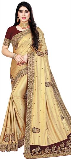 Festive, Reception Gold color Saree in Lycra fabric with Classic Embroidered, Patch, Stone, Thread, Zari work : 1705267