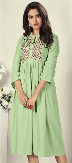 Casual Green color Kurti in Rayon fabric with A Line, Long Sleeve Embroidered, Resham, Thread work : 1705389