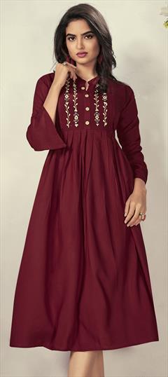 Casual Red and Maroon color Kurti in Rayon fabric with A Line, Long Sleeve Embroidered, Resham, Thread work : 1705391