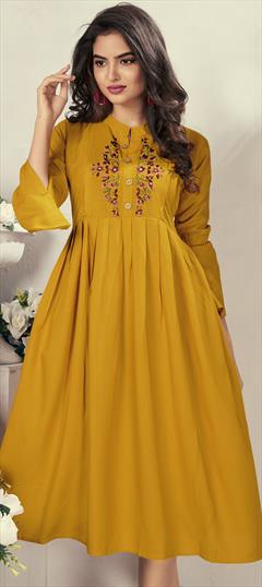 Casual Orange color Kurti in Rayon fabric with A Line, Long Sleeve Embroidered, Resham, Thread work : 1705392