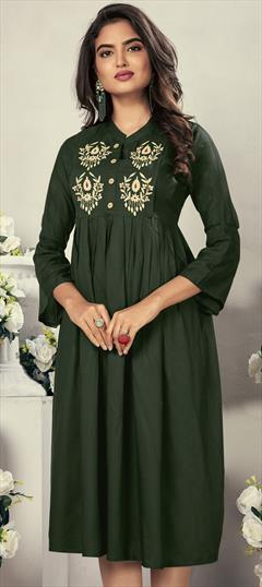 Casual Green color Kurti in Rayon fabric with A Line, Long Sleeve Embroidered, Resham, Thread work : 1705394