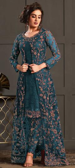 Festive, Mehendi Sangeet Blue color Salwar Kameez in Net fabric with Pakistani, Straight Embroidered, Thread work : 1705701