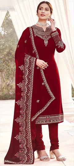 Festive, Party Wear Red and Maroon color Salwar Kameez in Georgette fabric with Churidar Embroidered, Thread, Zari work : 1705719