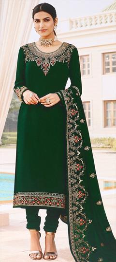 Festive, Party Wear Green color Salwar Kameez in Georgette fabric with Churidar Embroidered, Thread, Zari work : 1705721