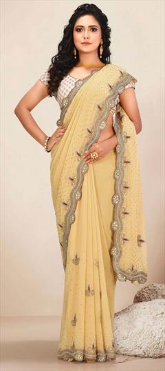 Bridal, Wedding Beige and Brown color Saree in Georgette fabric with Classic Sequence, Stone, Thread work : 1705892