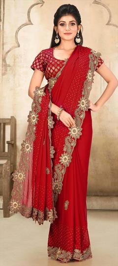 Bridal, Wedding Red and Maroon color Saree in Georgette fabric with Classic Sequence, Stone, Thread work : 1705900