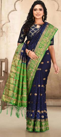Traditional Blue color Saree in Art Silk, Silk fabric with Bengali, South Sequence, Stone, Thread work : 1705907