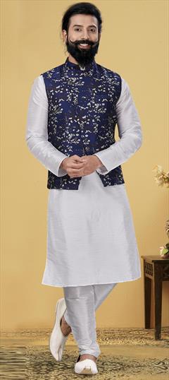 White and Off White color Kurta Pyjama with Jacket in Dupion Silk fabric with Weaving work : 1705920