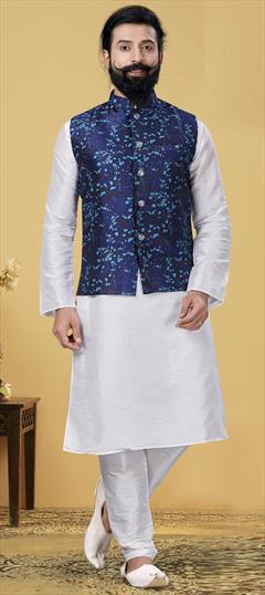White and Off White color Kurta Pyjama with Jacket in Dupion Silk fabric with Weaving work : 1705929