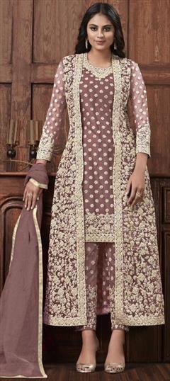 Festive, Party Wear Beige and Brown color Salwar Kameez in Net fabric with Straight Embroidered, Stone, Thread, Zari work : 1706196