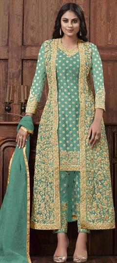Festive, Party Wear Blue color Salwar Kameez in Net fabric with Straight Embroidered, Stone, Thread, Zari work : 1706205